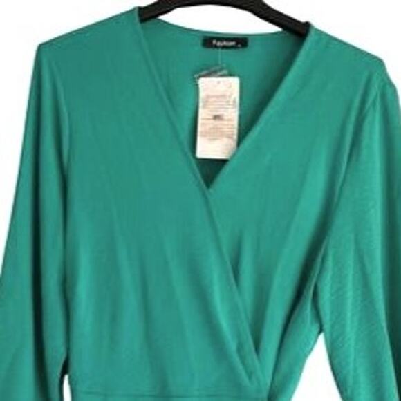 Fashion Brand Womens Green Dress Size XL Midi Long Sleeve Wrap Tie Side Zip NWT - Picture 3 of 9